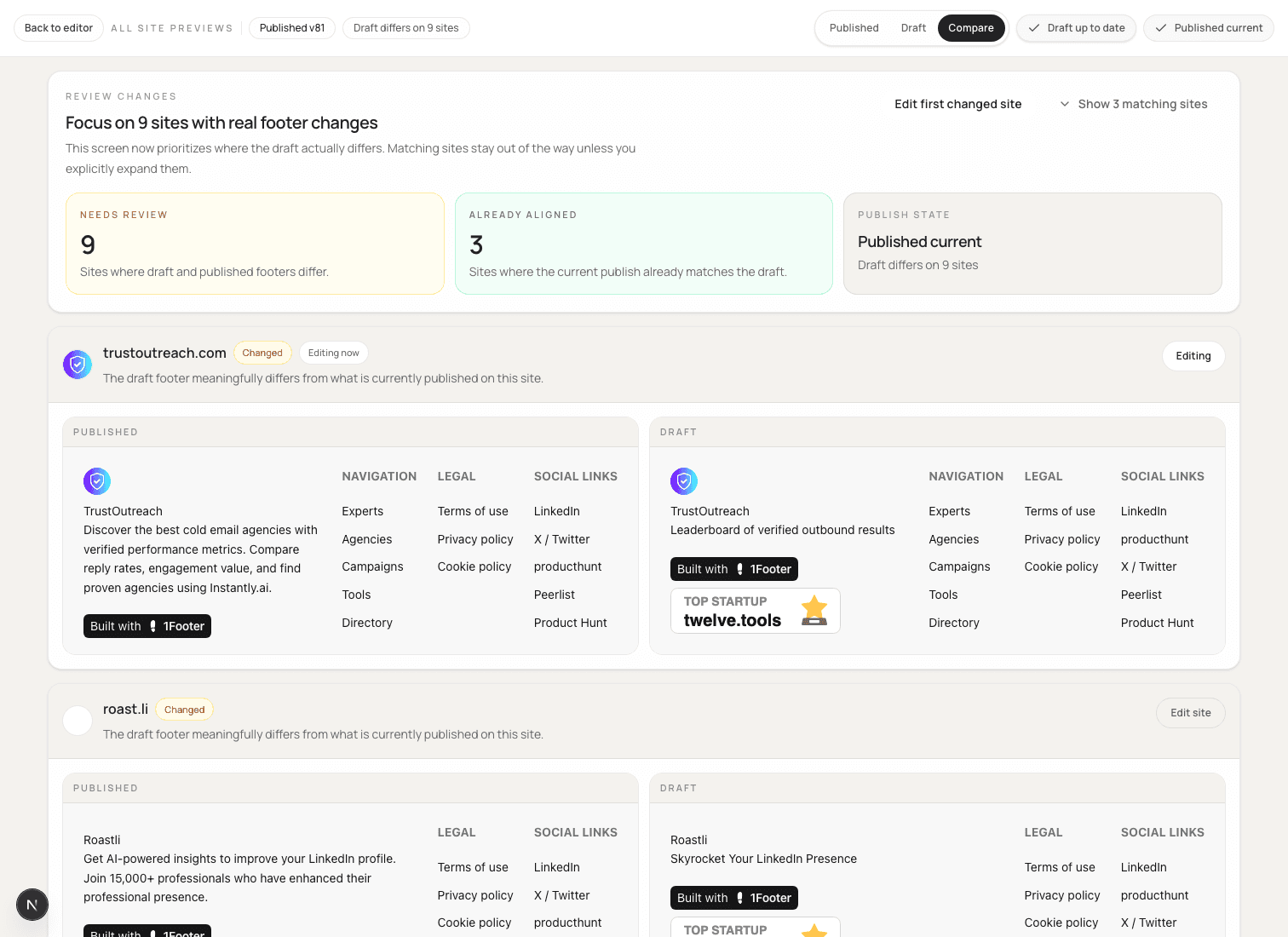 1Footer product dashboard preview
